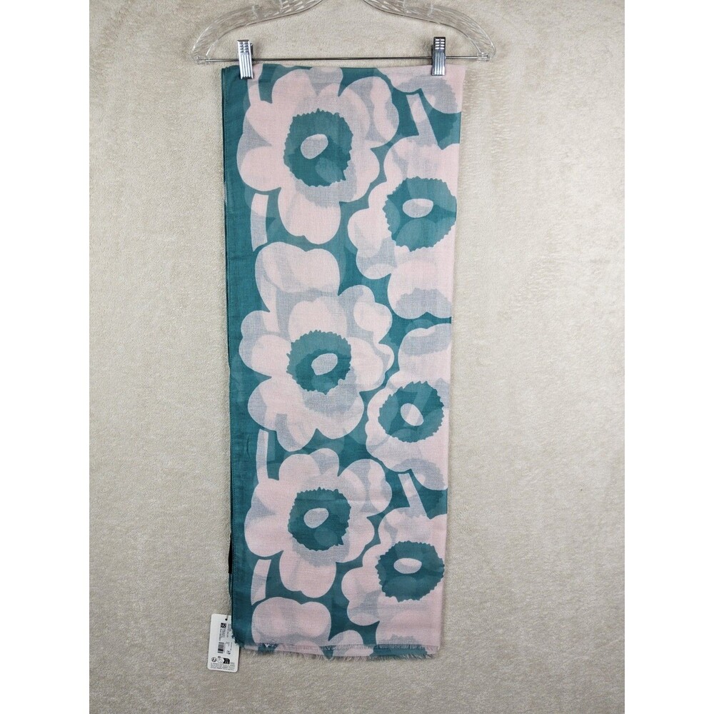 Marimekko Fiore Unikko Lightweight Sheer Wool Scarf Green Pink
